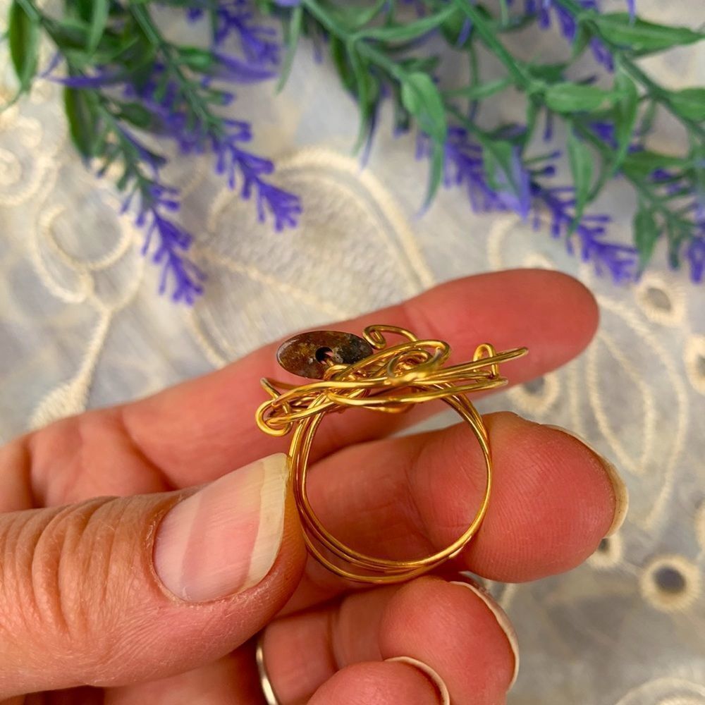 Unique Ocean Jasper In Gold Wire Wrap Artisan Crafted Ring - Picture 8 of 10